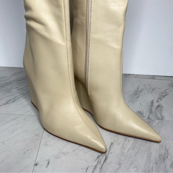 Schutz Asya Up Eggshell Leather Pointy Toe Wedge Tall Boot 8 1/2 B - Picture 13 of 16